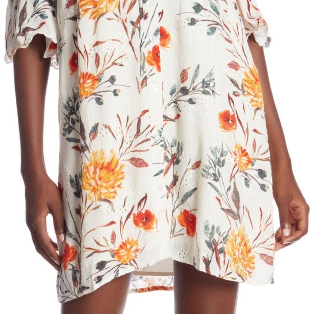 Eyelet Floral Cold Shoulder Ruffle Button Up Dress - Picture 5 of 9